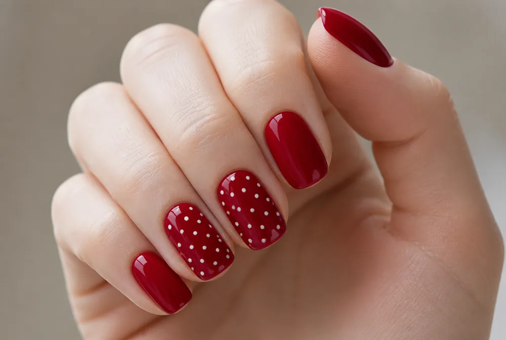 white polka dots on red nails
