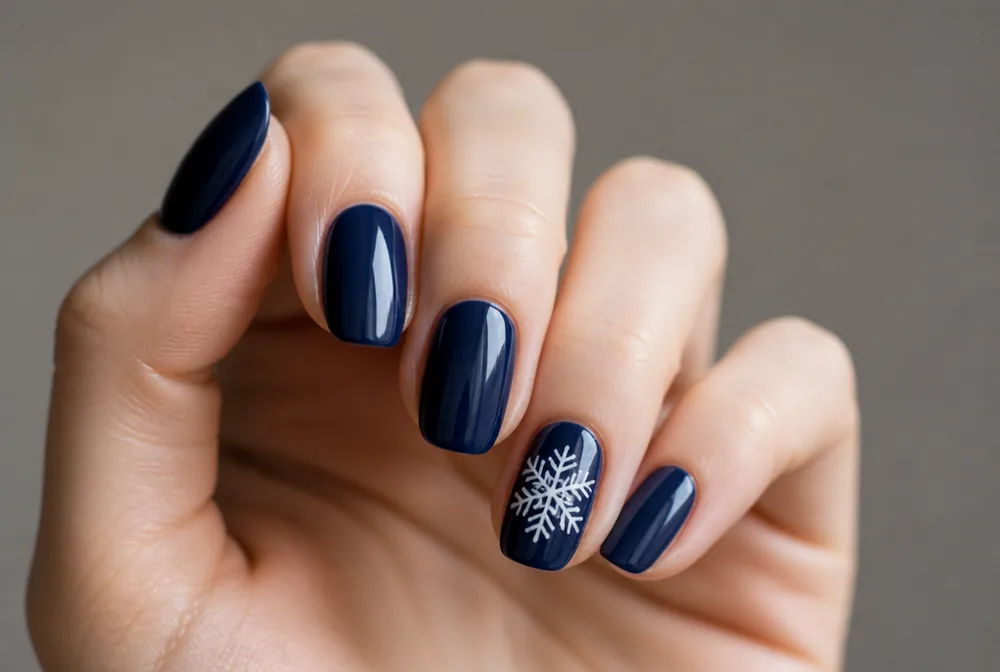 white snowflake on navy blue winter nails