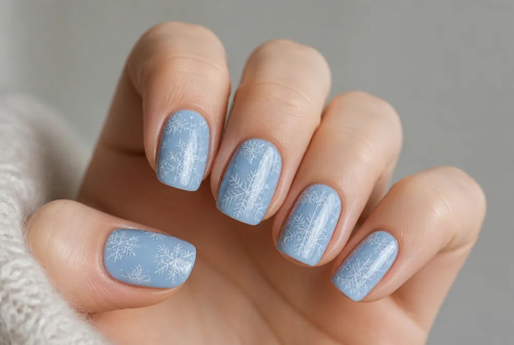 white snowflake stamped nails on pale blue