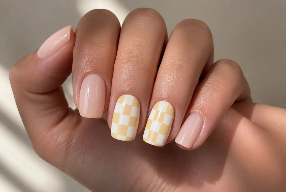 yellow and white checkerboard accent nails