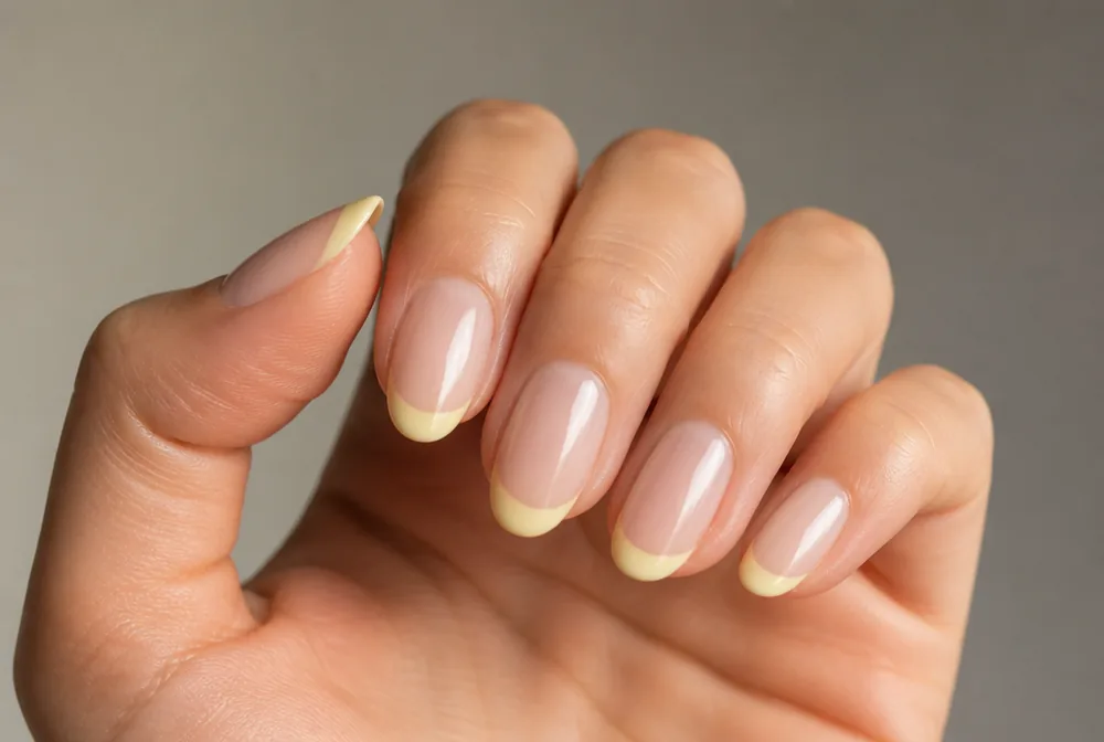yellow French tip nails on nude base