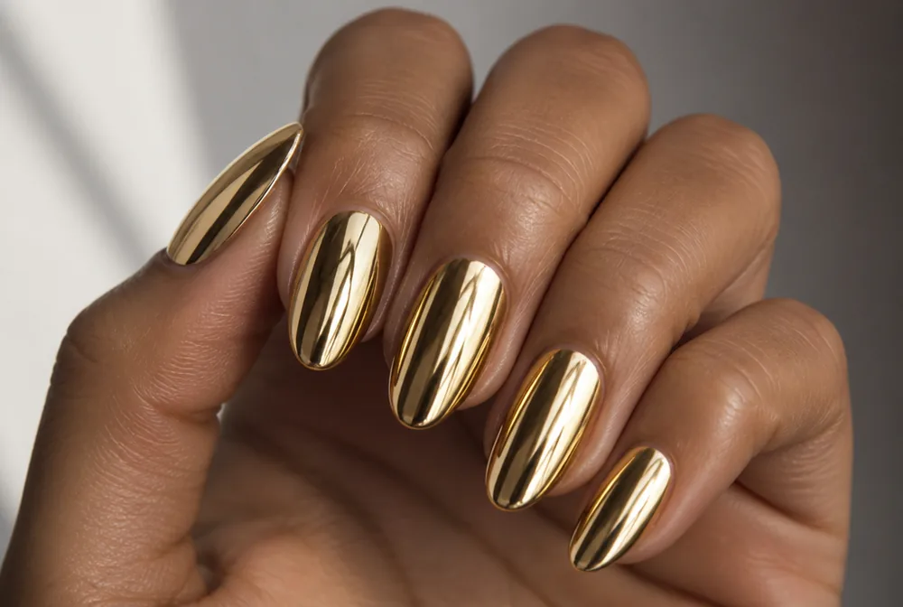 yellow gold chrome nails with metallic finish