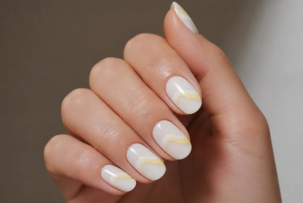 yellow swirl nail art on milky base