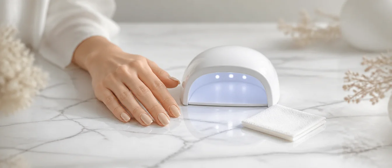 A hand with glossy soft beige gel nails beside a compact white LED nail lamp and a folded lint-free wipe