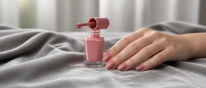 An unlabelled glass bottle of rose pink nail polish with its brush resting on the rim, bes - PolishedAndPrettyNails.com - PolishedAndPrettyNails.com An unlabelled glass bottle of rose pink nail polish with its brush resting on the rim, beside a hand with smooth glossy…