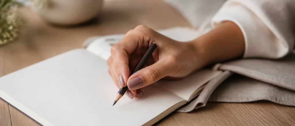 Short soft oval nails in a practical glossy mauve, the hand holding a pencil over an open blank notebook