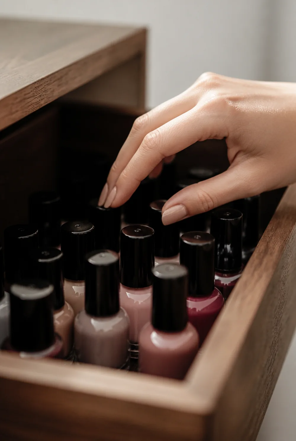 Nail polish stored in a dark drawer