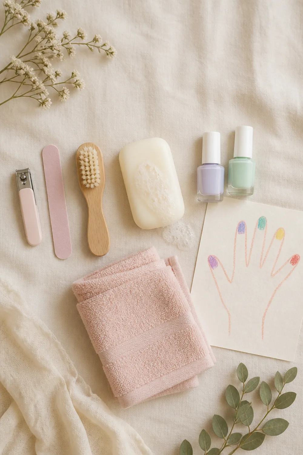 Kids nail care kit on cream linen - PolishedAndPrettyNails.com Kids' nail care kit on cream linen: baby nail clippers, pink emery board, wooden nail brush, soap and two pastel polishes