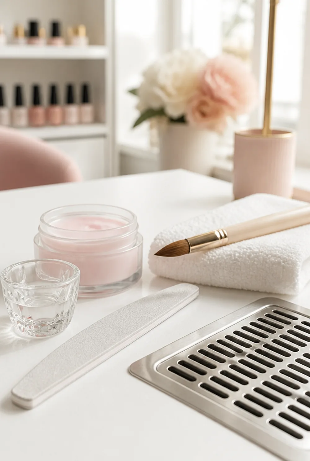 MMA acrylic nails salon workstation - PolishedAndPrettyNails.com Acrylic nail workstation with a dappen dish of liquid, pink acrylic powder, brush, file and a ventilated table vent