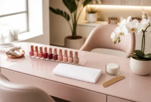 Nail industry statistics hero - PolishedAndPrettyNails.com - PolishedAndPrettyNails.com A manicure station with a row of rose, plum and soft beige nail polish bottles, a folded towel, cotton pads and a white orchid