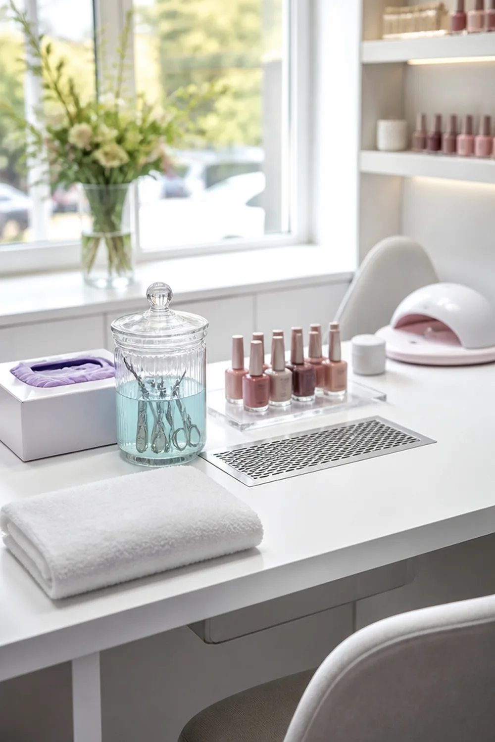 Ventilated nail salon workstation - PolishedAndPrettyNails.com Clean nail salon workstation with a ventilated table, nitrile gloves, capped polish bottles and metal tools soaking in disinfectant