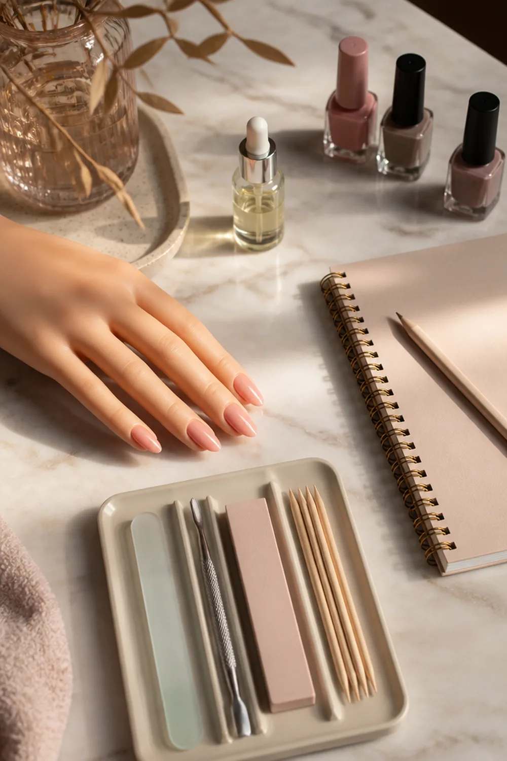 Nail technology student practice station with a practice hand, nail kit, cuticle oil and study notebook on a marble table