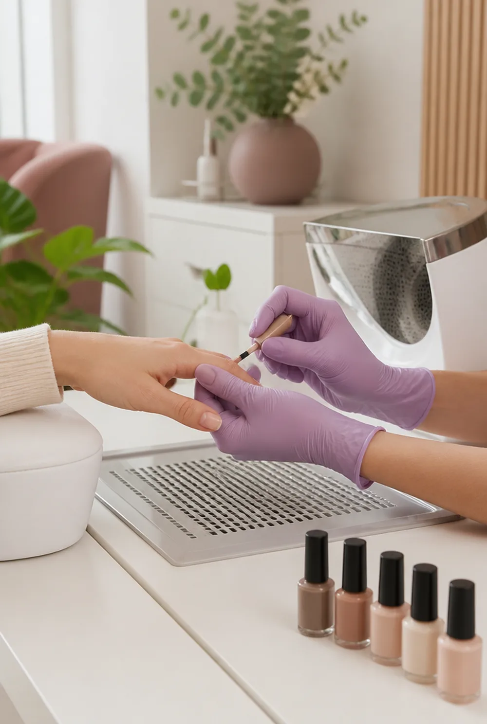 Nail technician with nitrile gloves at vented table - PolishedAndPrettyNails.com Nail technician wearing nitrile gloves at a vented manicure table with a desktop fume extractor