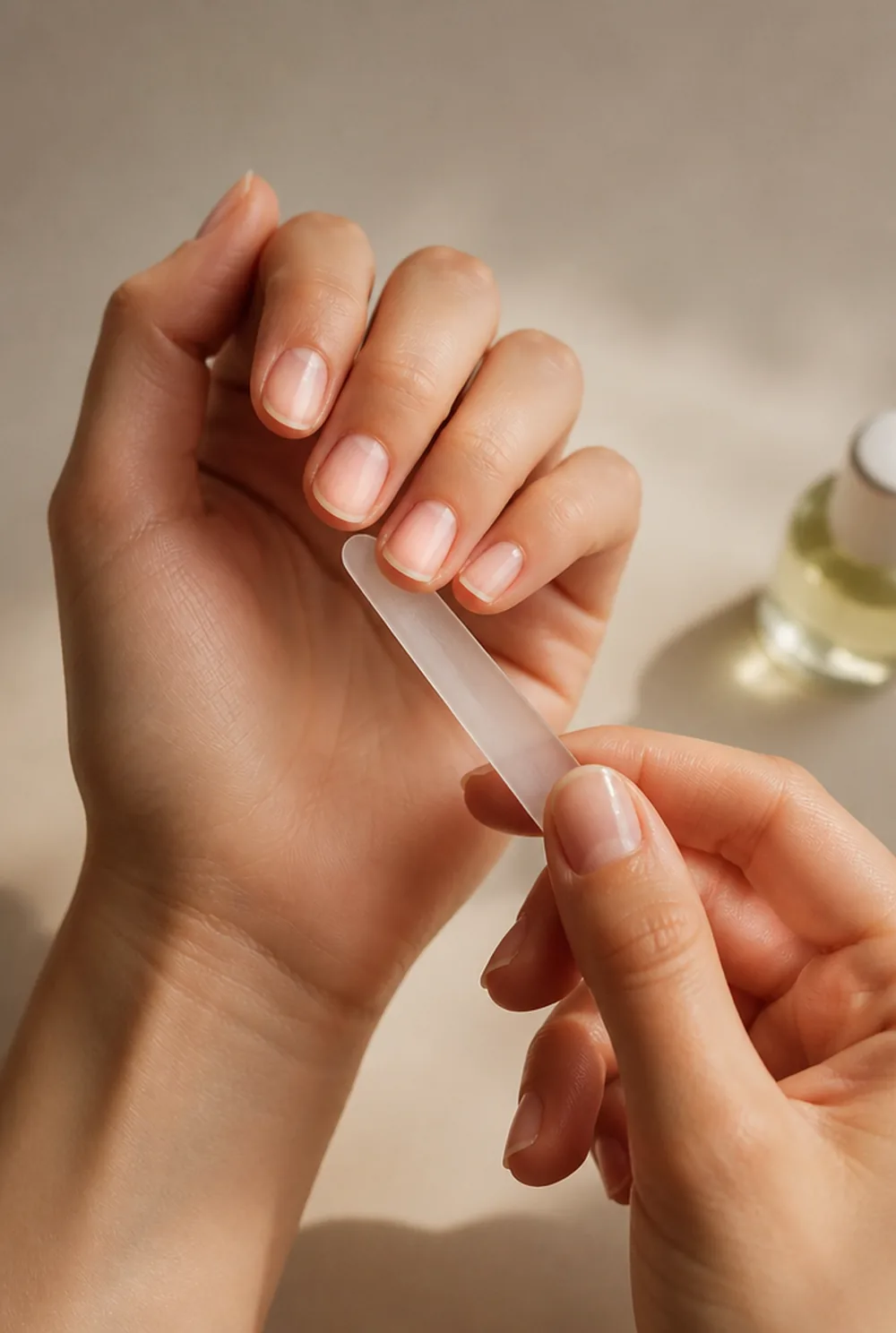 Filing nail edges smooth to stop biting